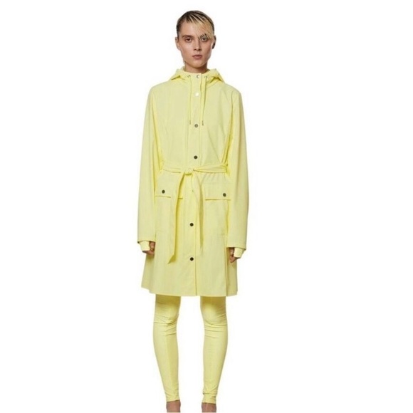 Rains Straw Yellow Curve Belt Waist Tie Waterproof Long Jacket - Picture 1 of 6